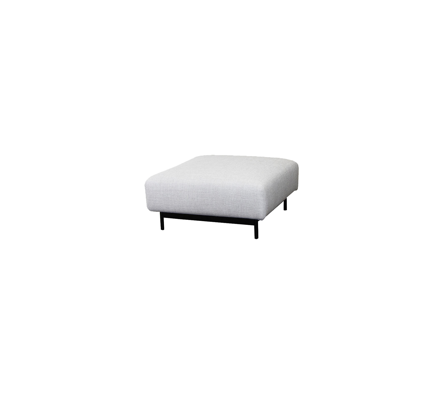 Vierkante ottomane met een lichtgrijze stofoppervlak en slanke zwarte poten, perfect voor veelzijdige zitmogelijkheden of voetensteun.