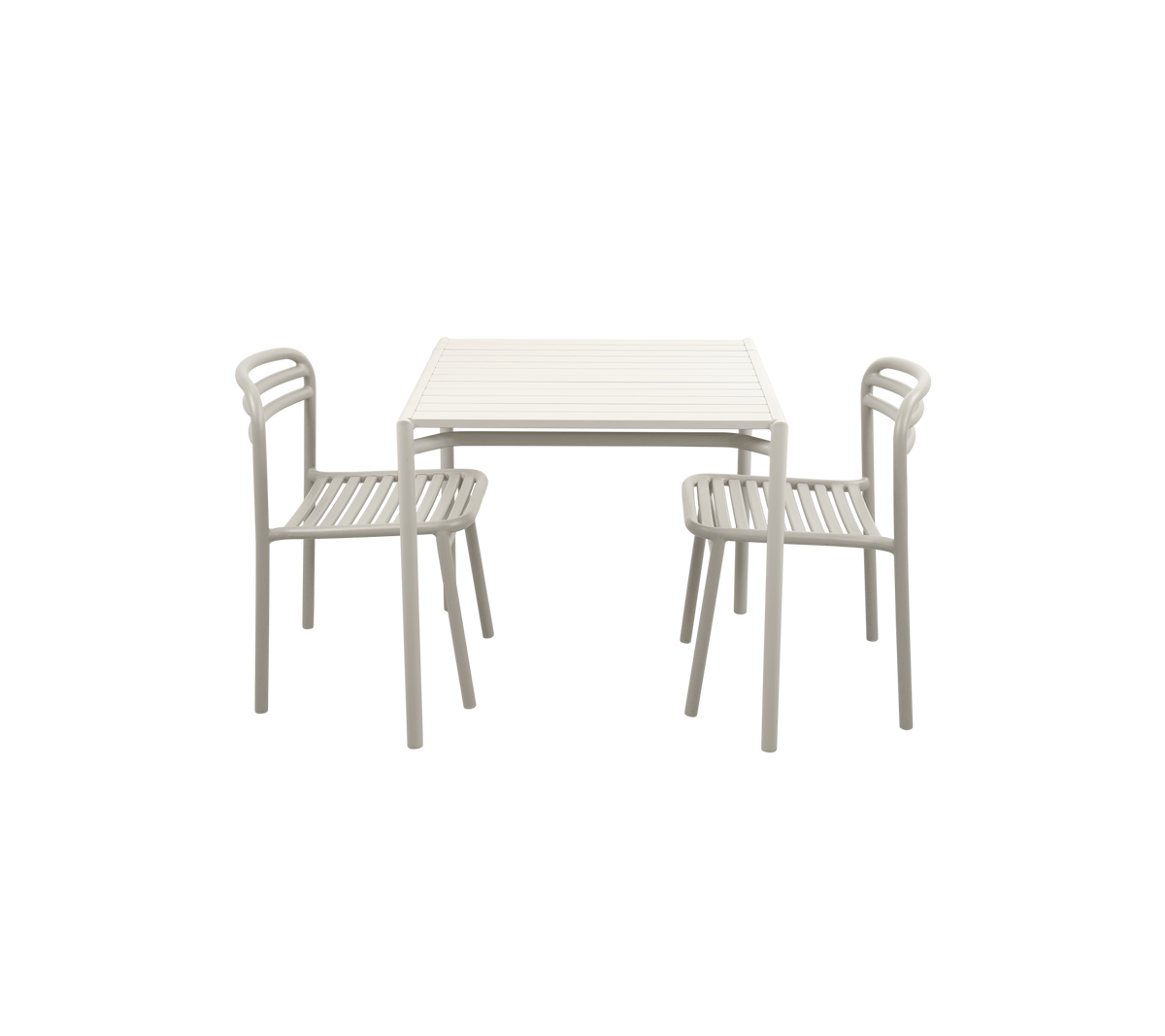Minimalistische tafel met twee bijpassende stoelen, met een eenvoudig ontwerp en een lichtgekleurde afwerking.