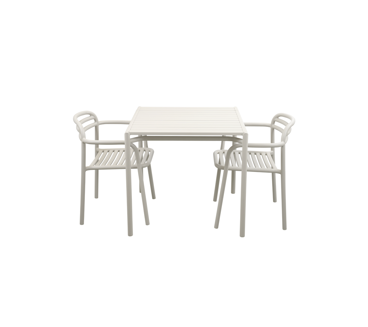 Een lichtgekleurde tafel met twee bijpassende stoelen, met een strak design dat geschikt is voor informeel dineren of samenkomsten.