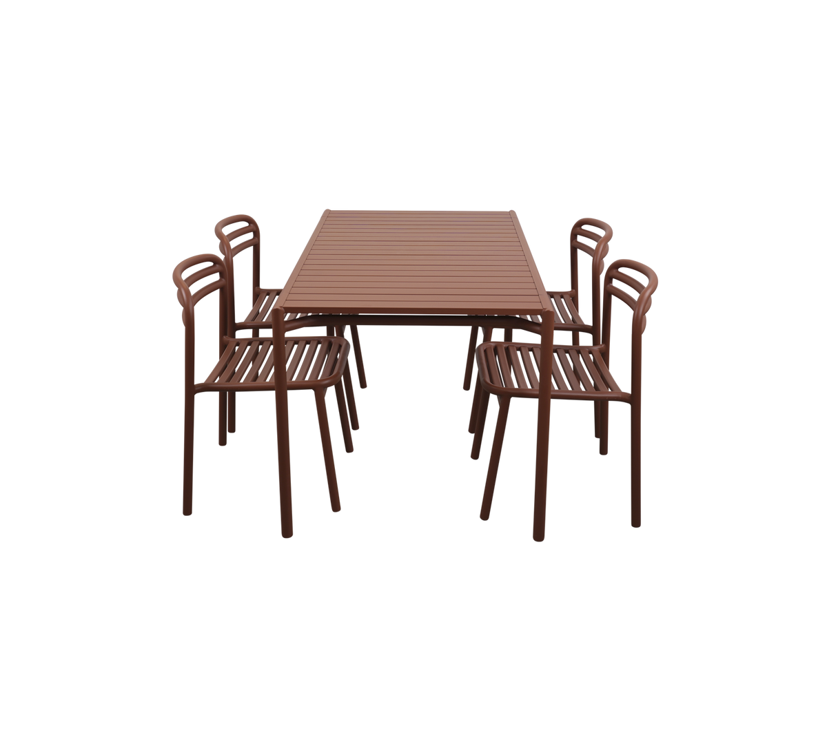 Rechthoekige tafel met zes bijpassende stoelen, allemaal met een slank bruin ontwerp en geribbelde oppervlakken. Ideaal voor dineren of bijeenkomsten.