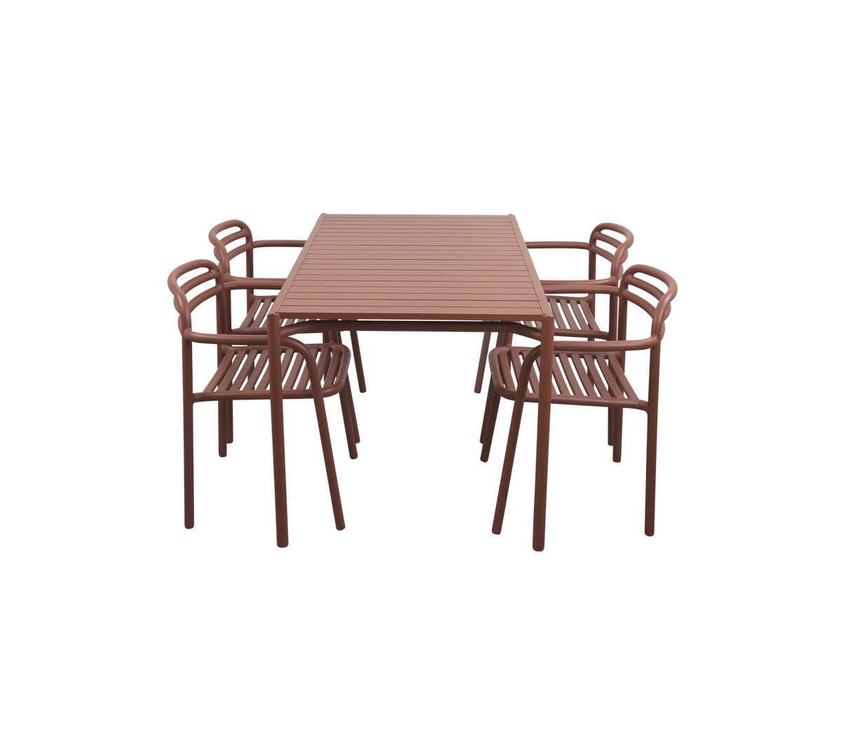 Bruine rechthoekige eettafel omringd door zes bijpassende stoelen met lattenontwerp voor een moderne esthetiek.