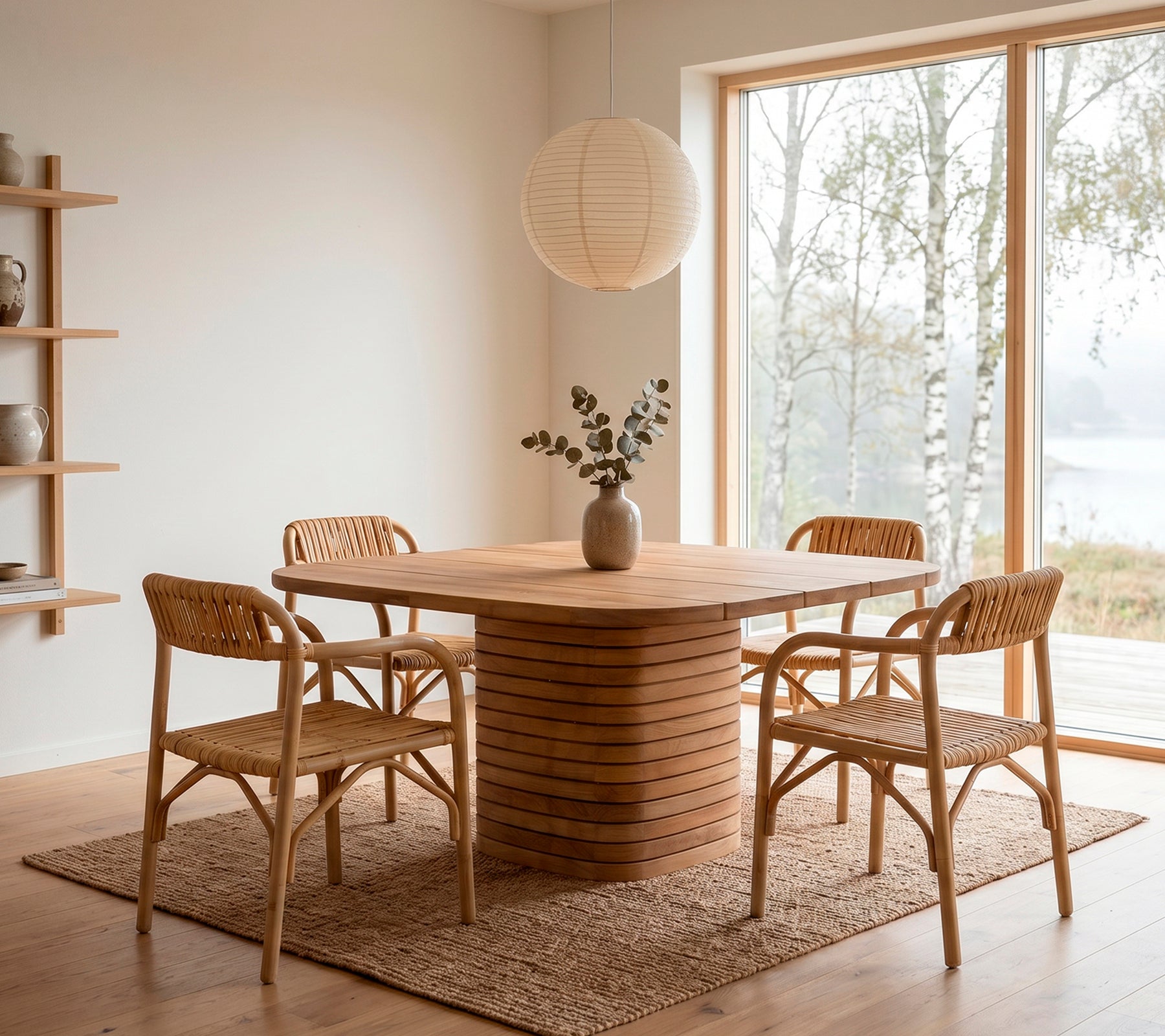 Minimalistische houten eettafel met rieten stoelen en een bloemenvase.