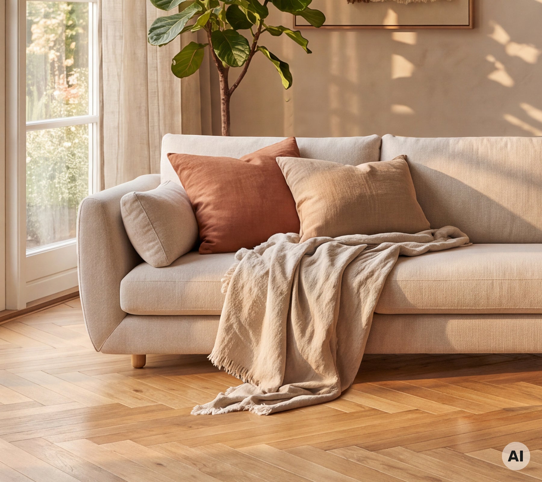 Moderne beige bank versierd met bruine en lichtgrijze kussens, geaccentueerd door een crème kleurige deken.