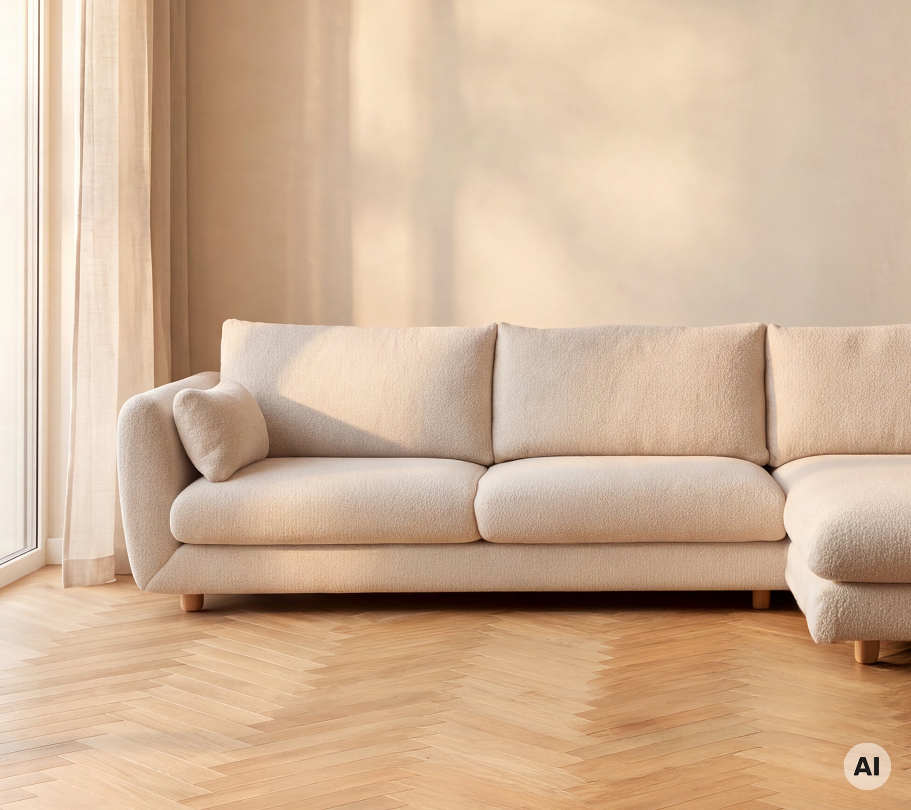 Beige bank geplaatst tegen een lichte muur in een moderne lounge-instelling.