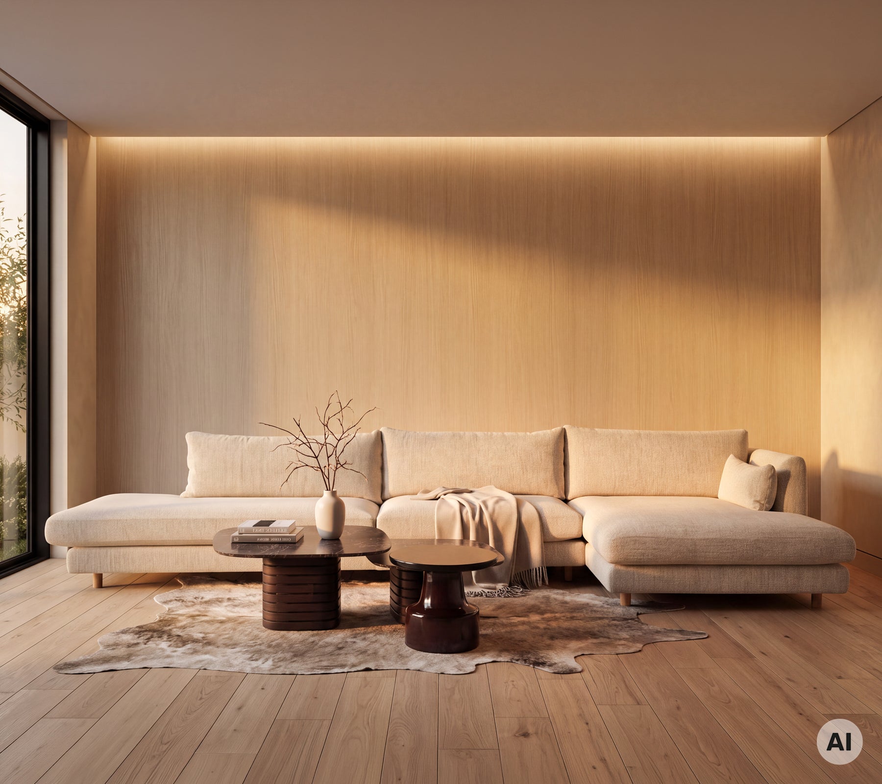 Moderne lounge met een beige bank, ronde houten tafel en wit tapijt.