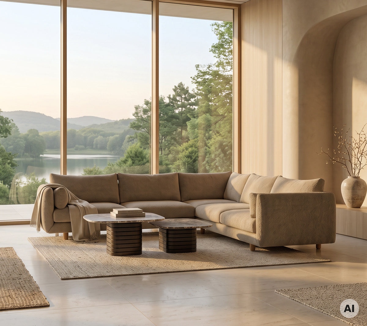 Beige sectie sofa met een houten salontafel en een licht tapijt in een moderne loungeomgeving.
