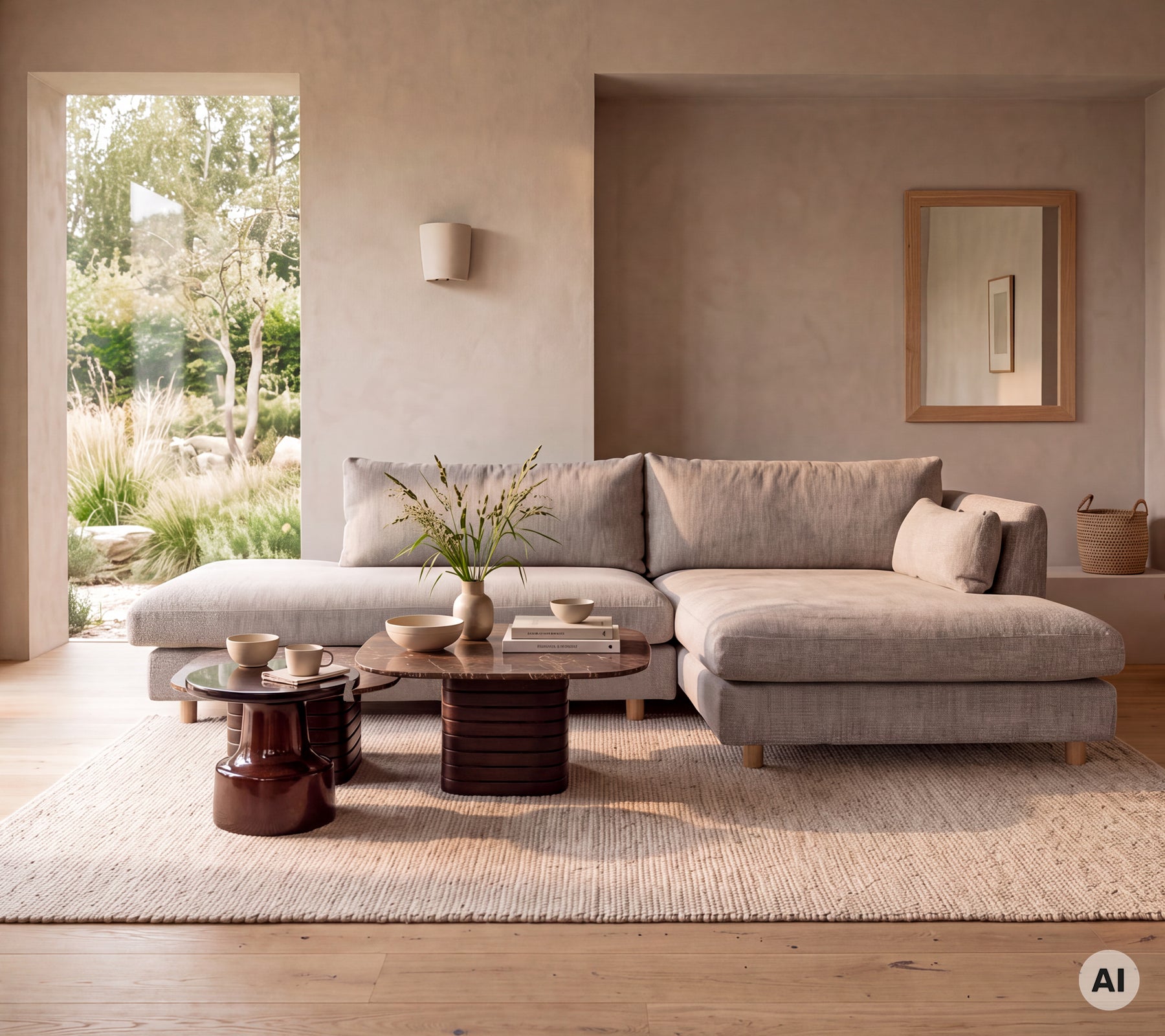 Moderne grijze bank met houten tafel en witte vaas in een minimalistische lounge-instelling.