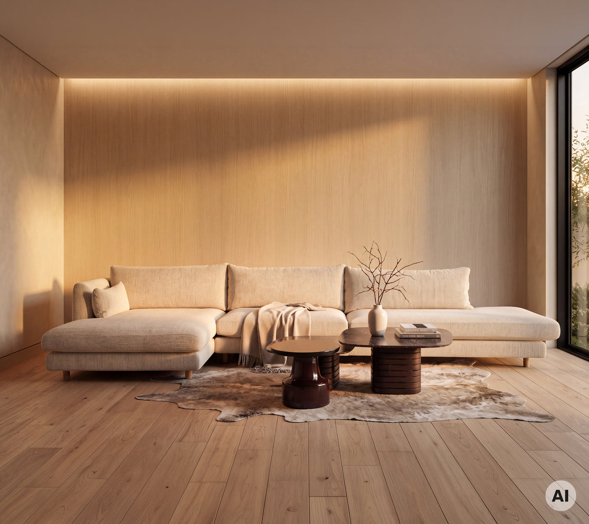 Moderne loungegebied met een crème sofa en een houten salontafel op een vloerbedekking.