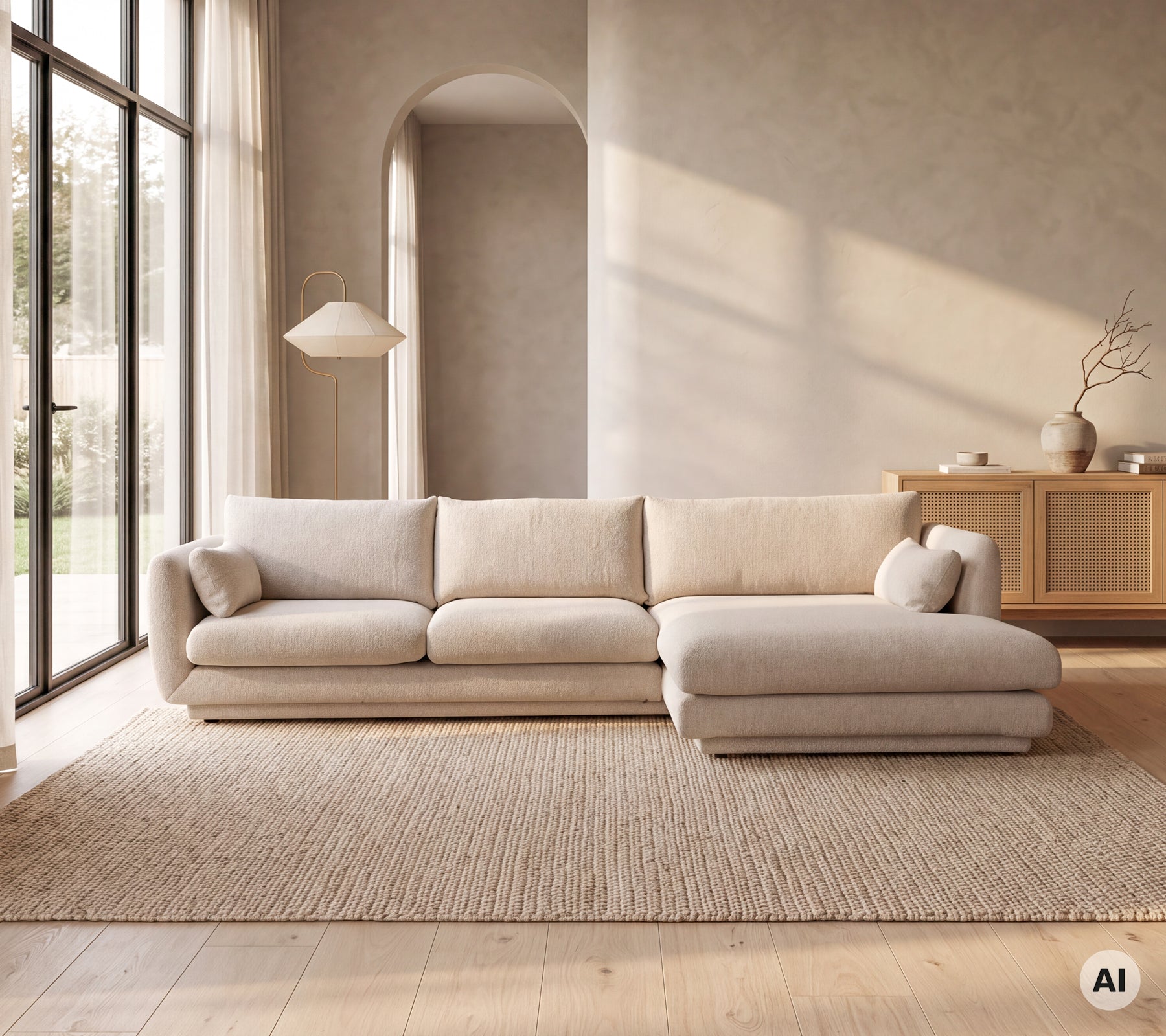 Moderne beige bank in een minimalistische lounge met een tapijt.