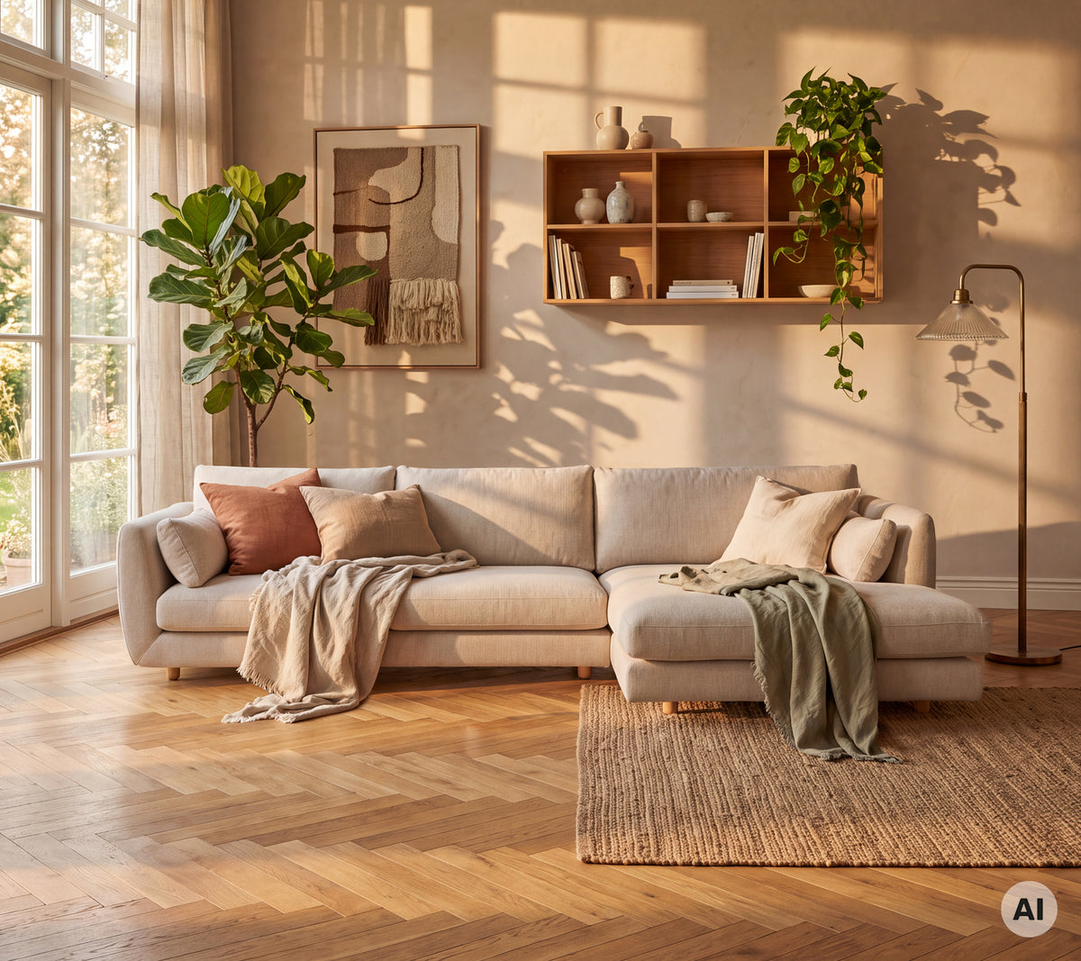 Gezellige moderne lounge met een beige bank, roze kussen, groene deken en bruine tapijt.