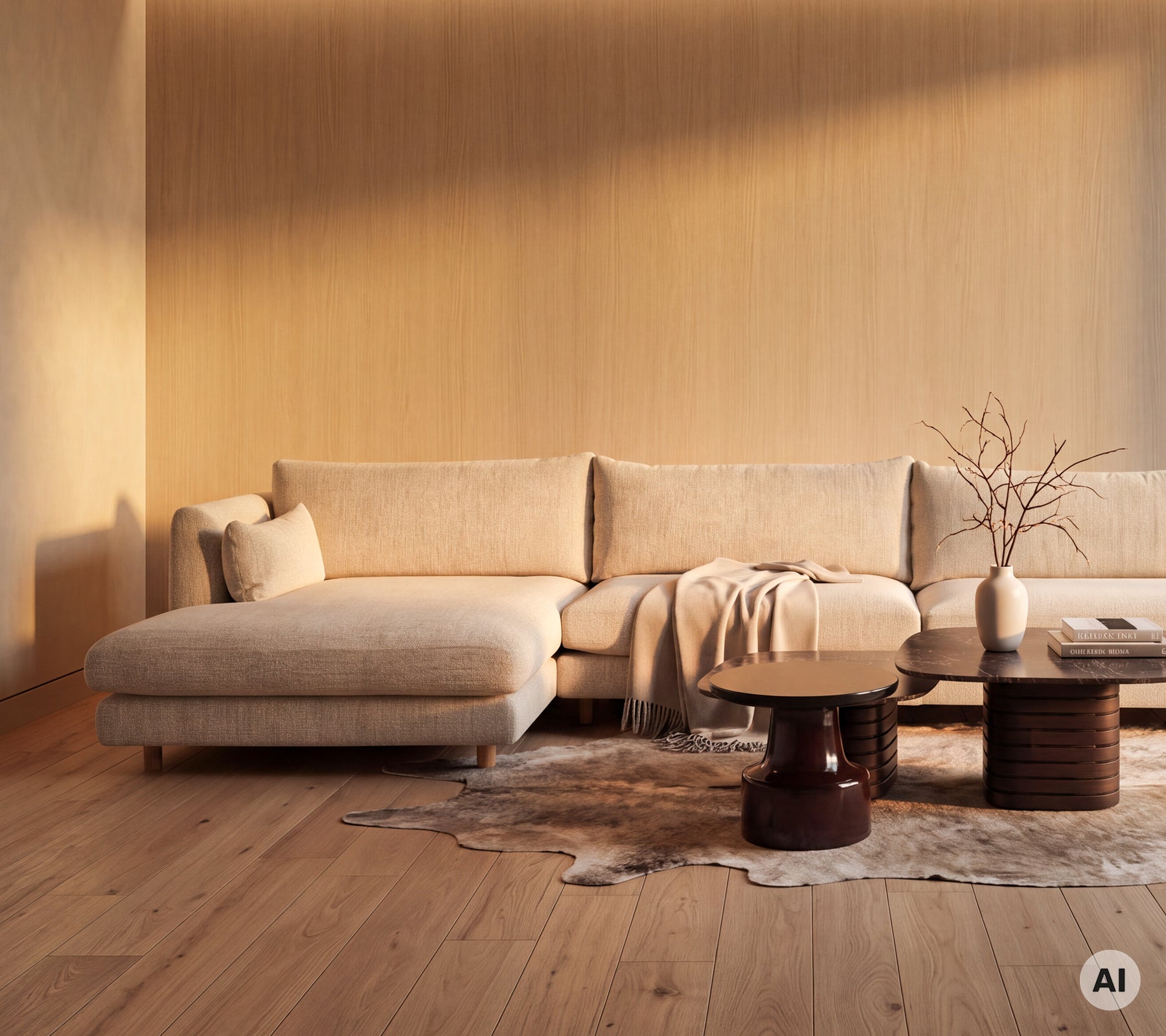 Moderne lounge met een lichtgekleurde bankmodule en een ronde houten salontafel.