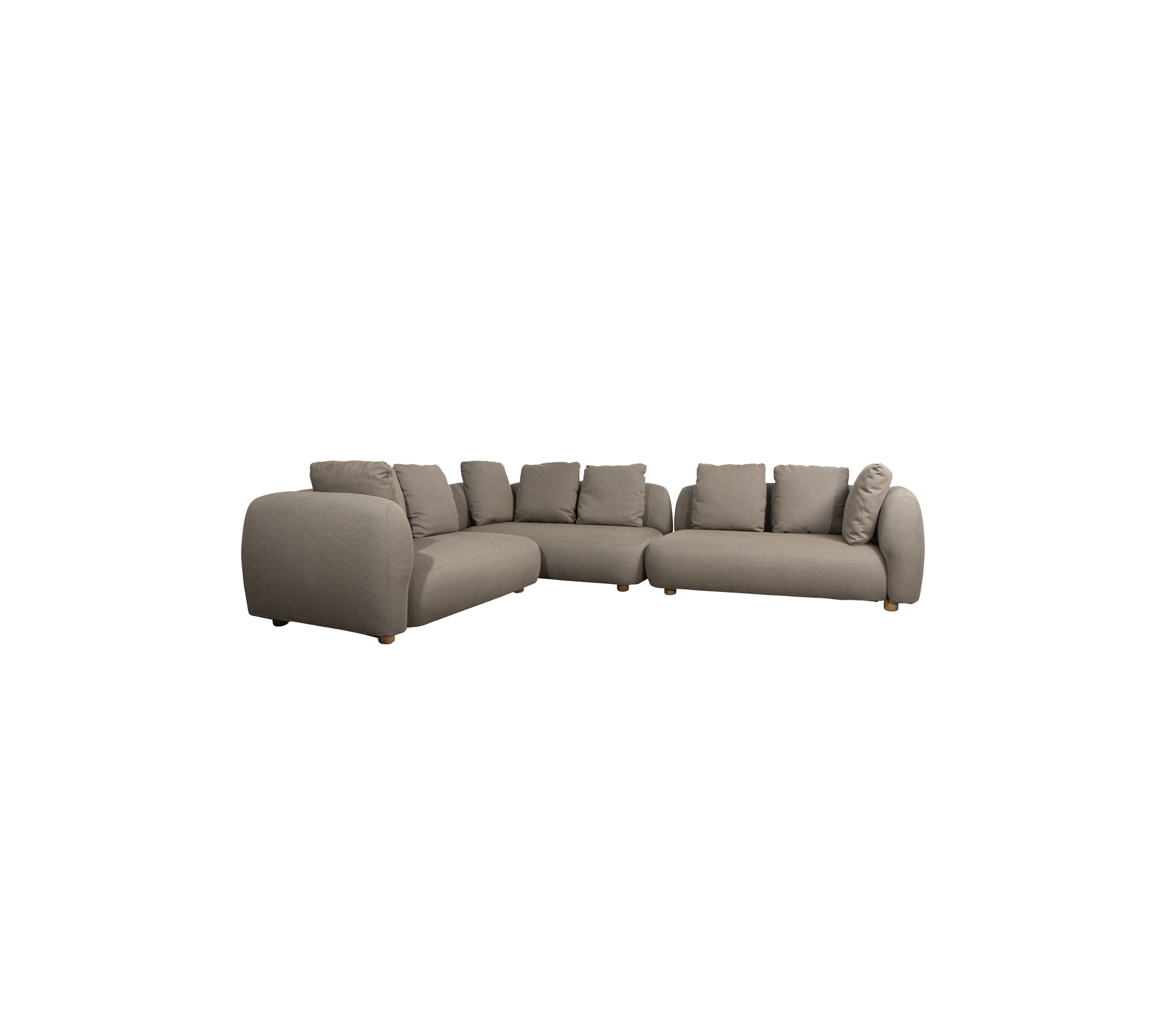 Een moderne sectional sofa in een gedempt grijs stof met zachte kussens en houten poten, ontworpen voor comfort en stijl.