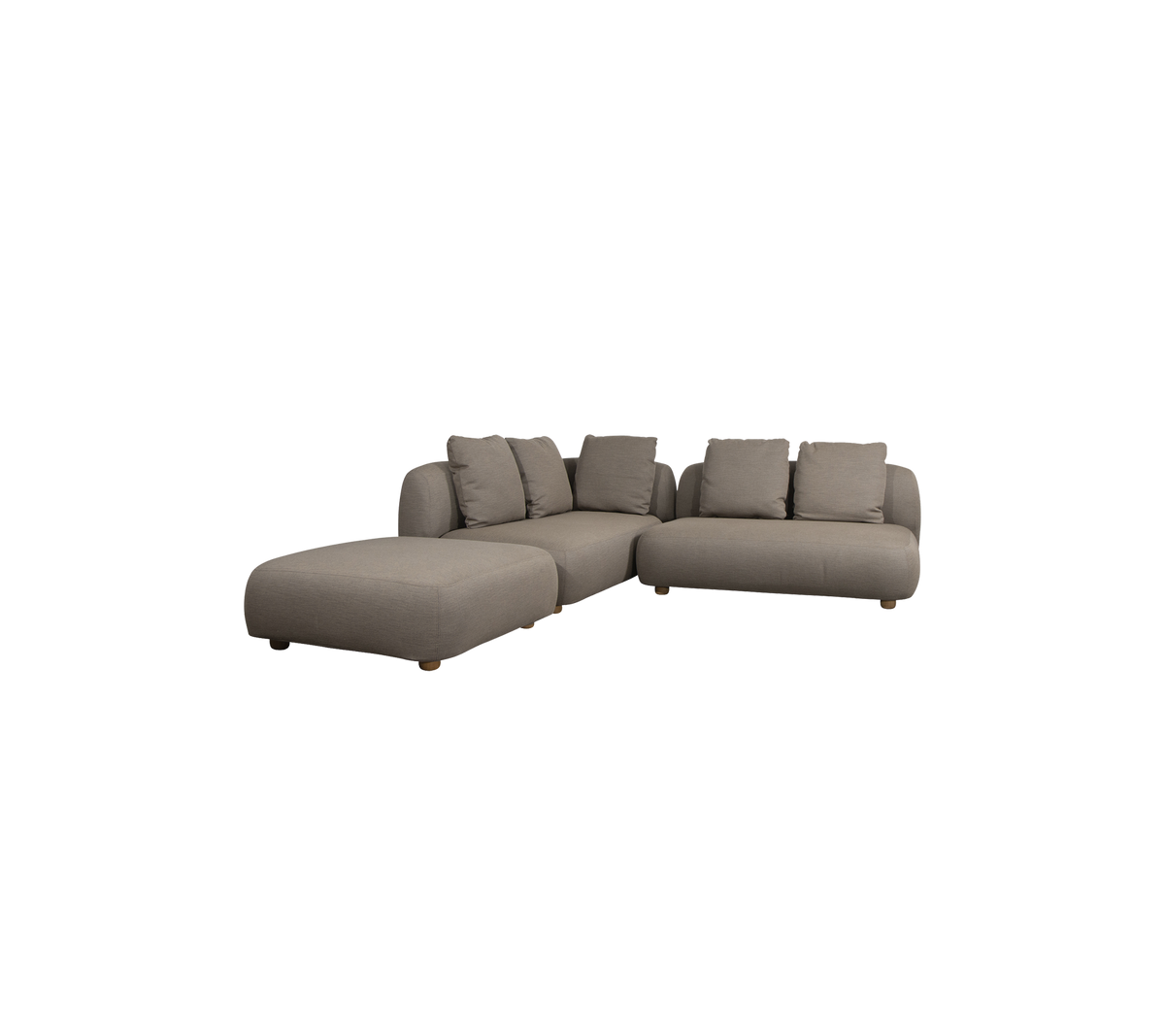 Moderne hoekbank in een neutrale bruine tint met zachte kussens en een ruime ontwerp voor comfortabel zitten. Perfect voor ontspanning.