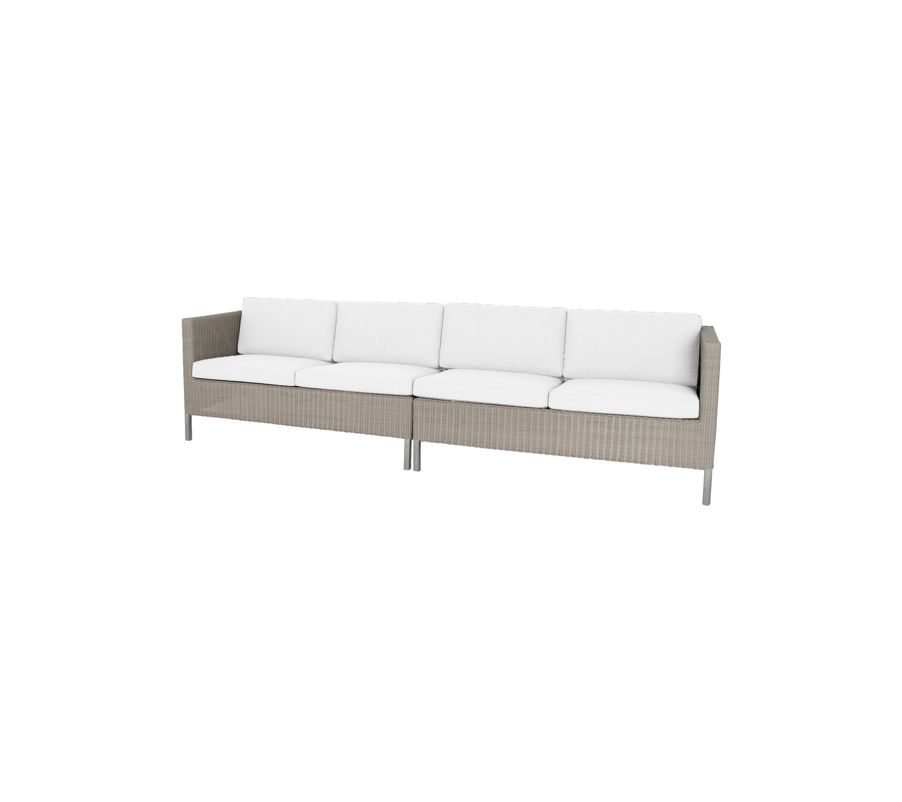 Stijlvolle sofa met een gevlochten basis en pluche witte kussens, perfect om elke eetruimte te verfraaien.