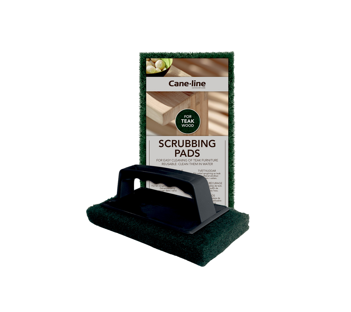 Schrob pads met een handvat, ontworpen voor effectieve reiniging. Inclusief verpakking met de productnaam. Ideaal voor verschillende schoonmaaktaken.