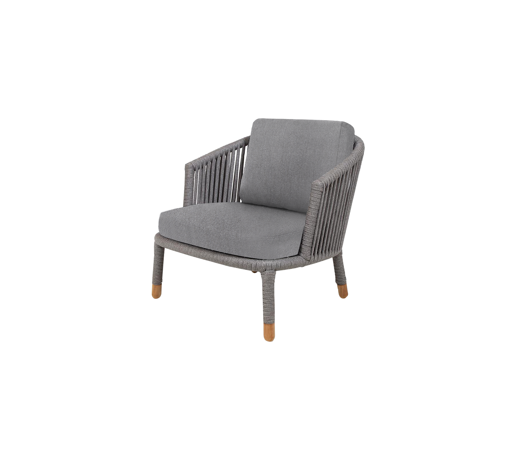 Stijlvolle grijze stoel met een geweven ontwerp en een zachte kussen, met houten poten voor extra elegantie en comfort. Ideaal voor ontspanning.