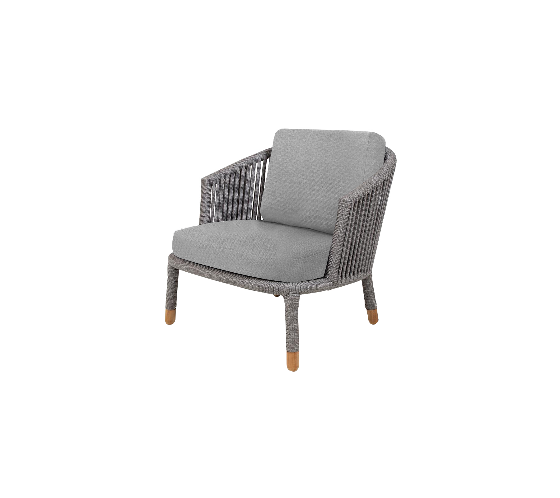 Stijlvolle grijze stoel met een geweven ontwerp en houten poten, met een comfortabel kussen voor ontspanning.