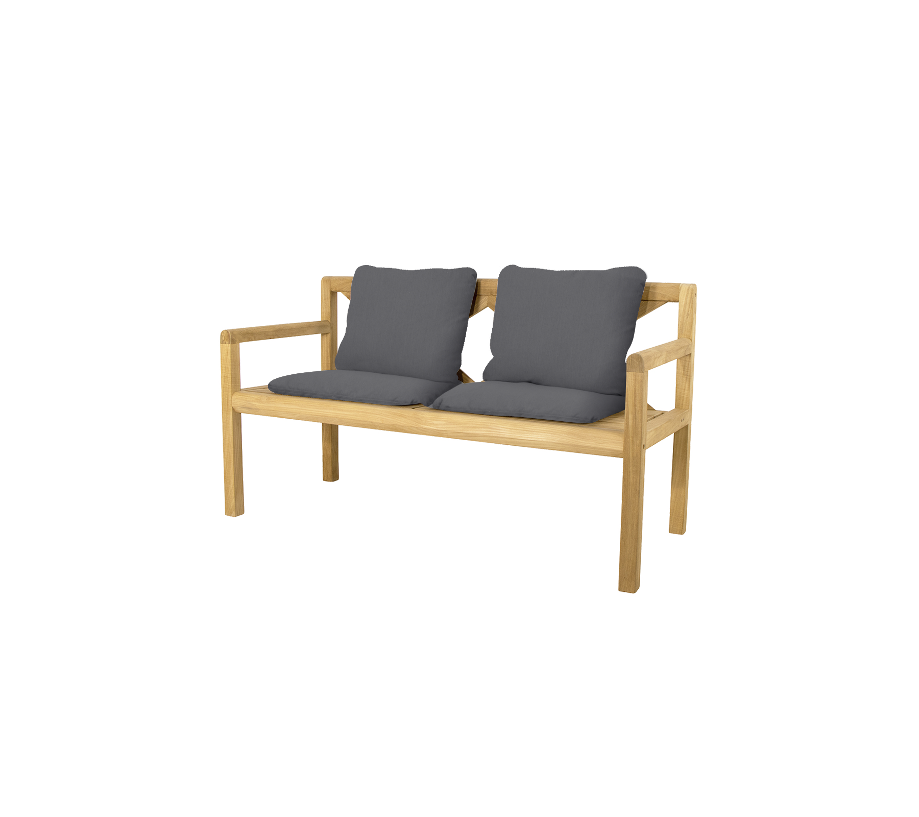Elegante bank voor twee personen met een natuurlijk houten frame en zachte grijze kussens voor comfort. Perfect om te ontspannen of te socialiseren.