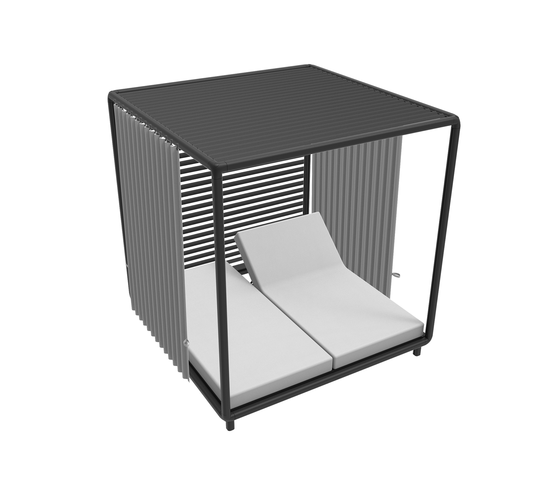 Stijlvolle cabana met een modern ontwerp, met twee gevoerde ligstoelen en slanke verticale lamellen voor een eigentijdse uitstraling.