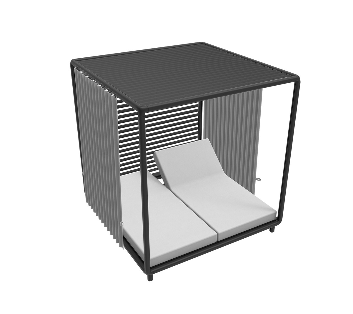 Stijlvolle cabana met een modern ontwerp, met twee gevoerde ligstoelen en slanke verticale lamellen voor een eigentijdse uitstraling.