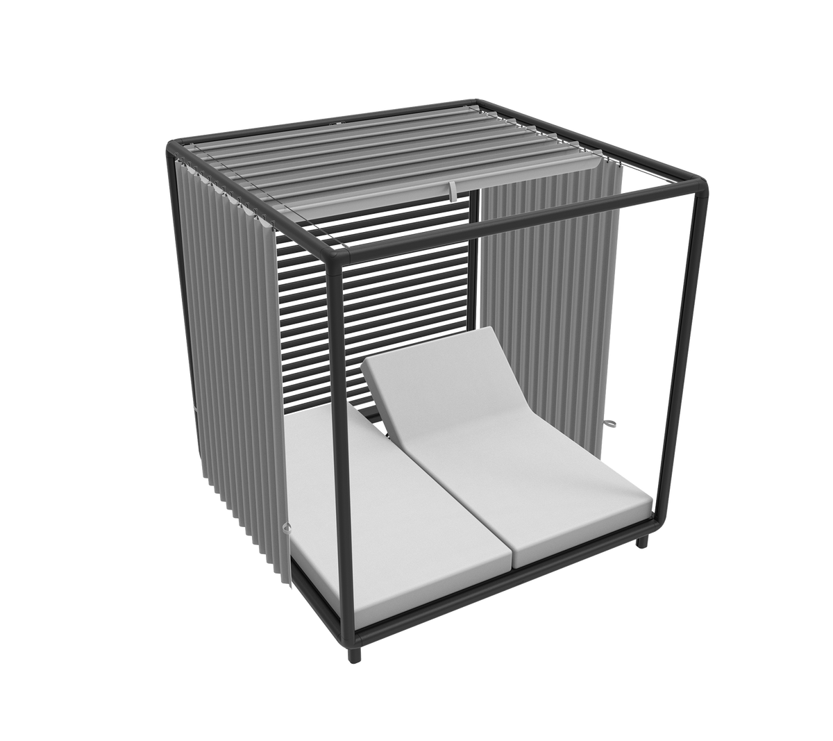 Stijlvolle cabana met een slank frame en twee comfortabele loungesstoelen, ideaal om te ontspannen en zonnebaden.