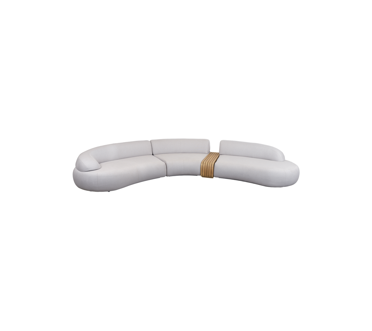 Stijlvolle gebogen bank met een slank ontwerp, zachte bekleding en een houten accent voor een moderne uitstraling. Perfect voor ontspanningsruimtes.