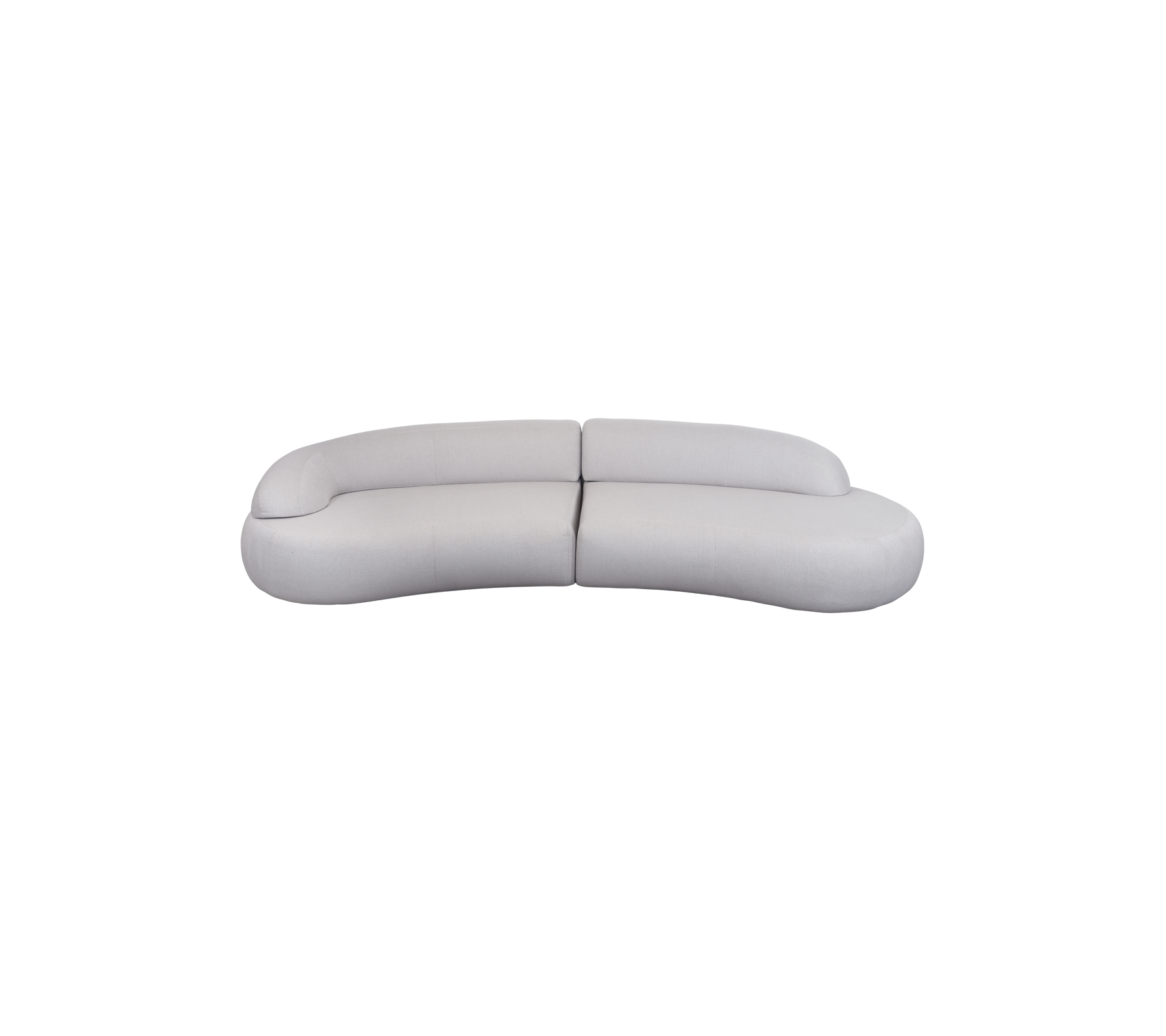 Gebogen, modern sofaontwerp in een zachte, neutrale kleur met een slank, minimalistisch esthetiek. Ideaal voor hedendaagse interieurs.