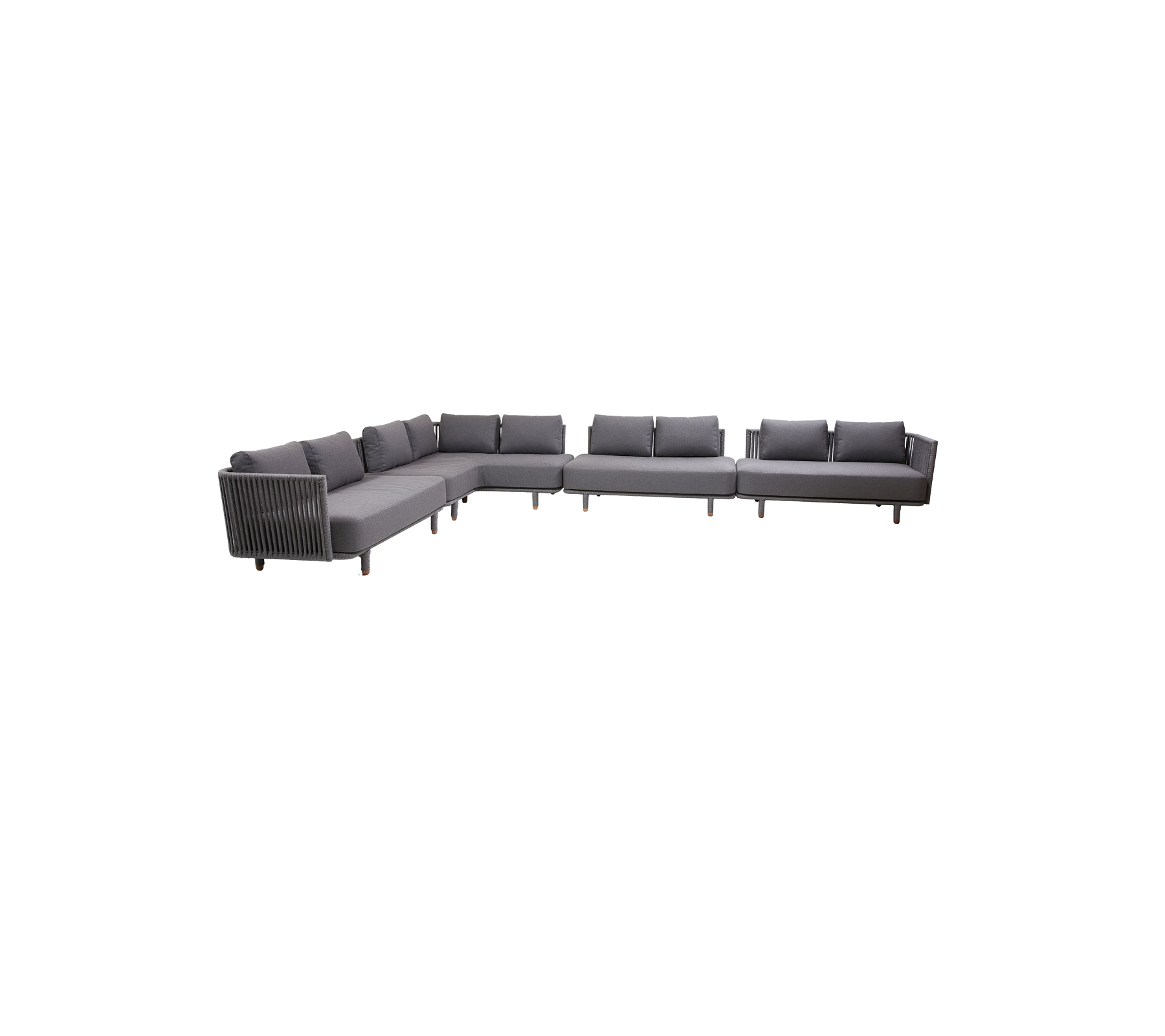 Moderne sectionele bank in U-vorm, bekleed met grijze stof en comfortabele kussens voor een gezellige zitervaring.