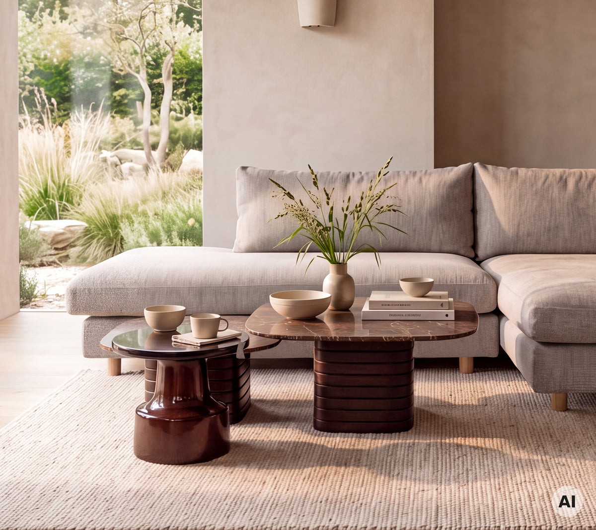 Moderne lounge met een grijze bank, een bruine tafel en een beige vloerkleed.