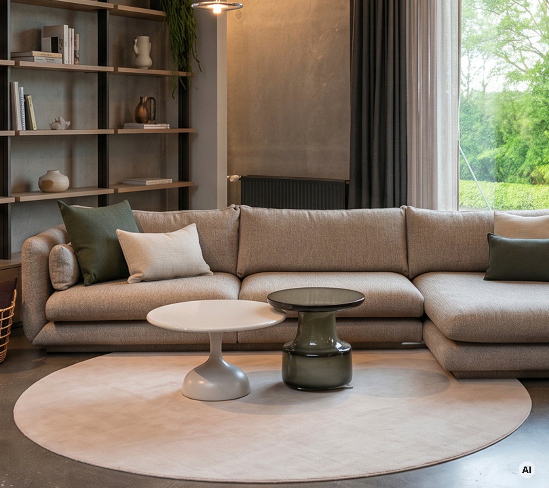 Moderne lounge met beige bank, witte tafel en groene kussen.