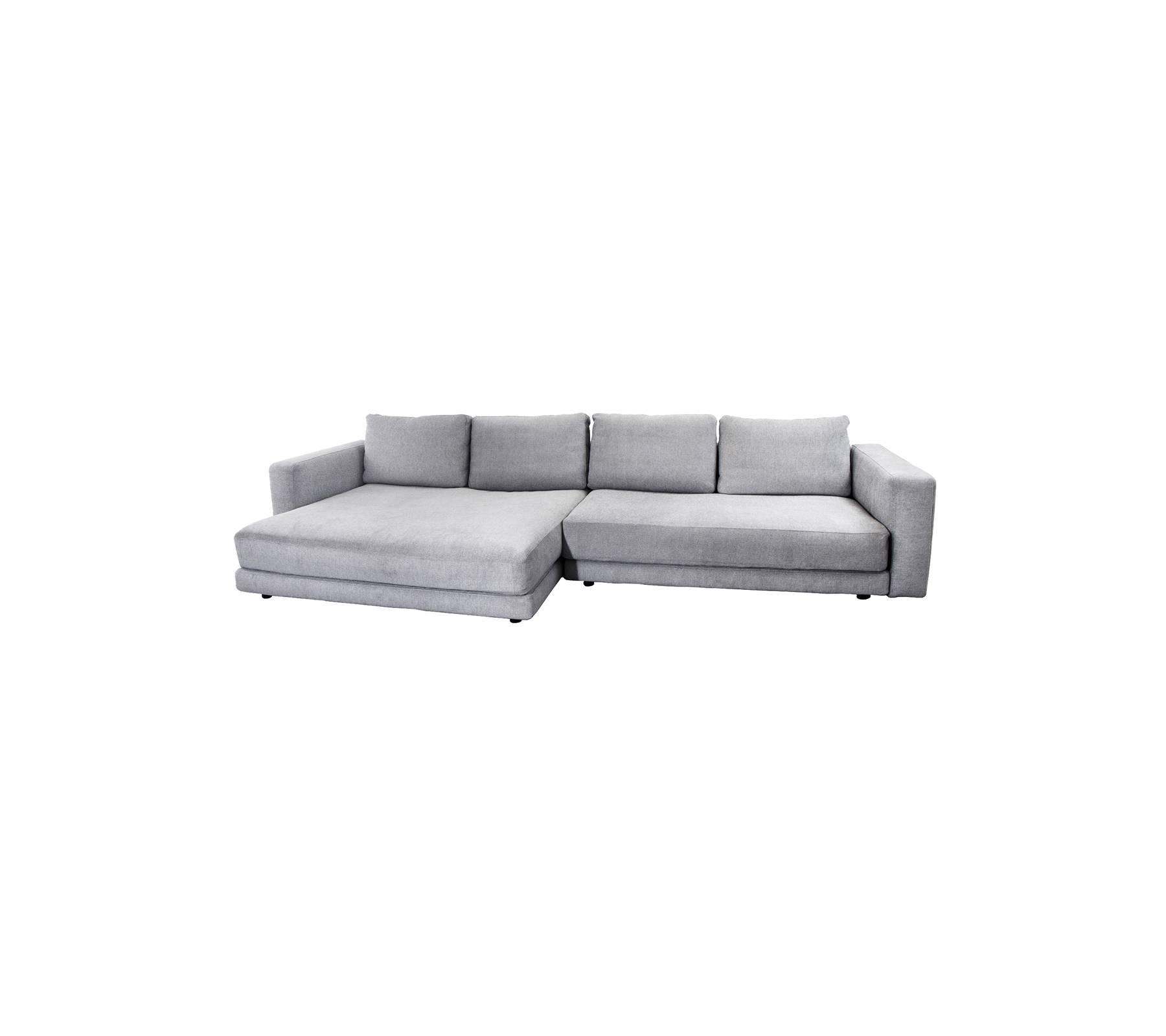 Moderne grijze sectiesofa met chaise longue, met pluche kussens en een strak design voor comfortabele zitplekken.