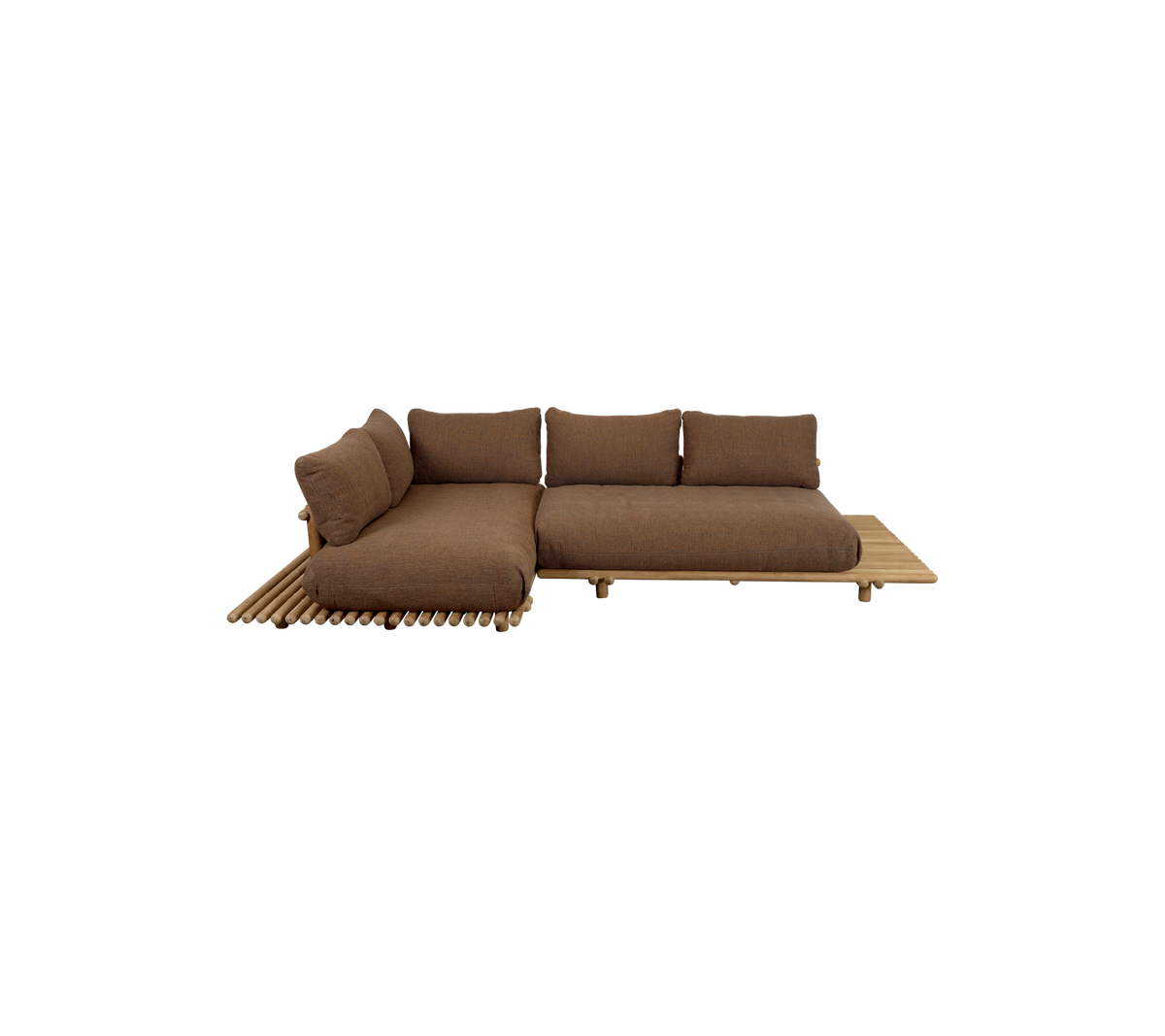 Moderne sectiem bank met een diepbruine stof en houten basis, met pluche kussens voor comfort en een stijlvol ontwerp.