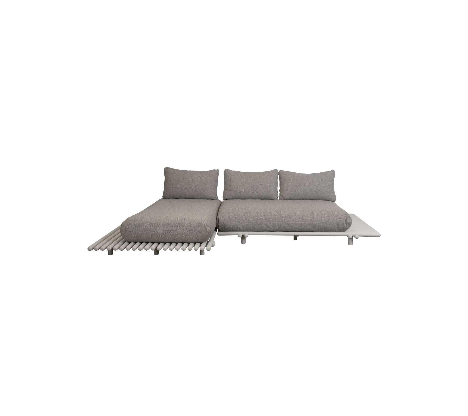 Modern grijze sectionele bankontwerp met pluche kussens en een slanke houten basis, perfect voor stijlvolle ontspanning of bijeenkomsten.
