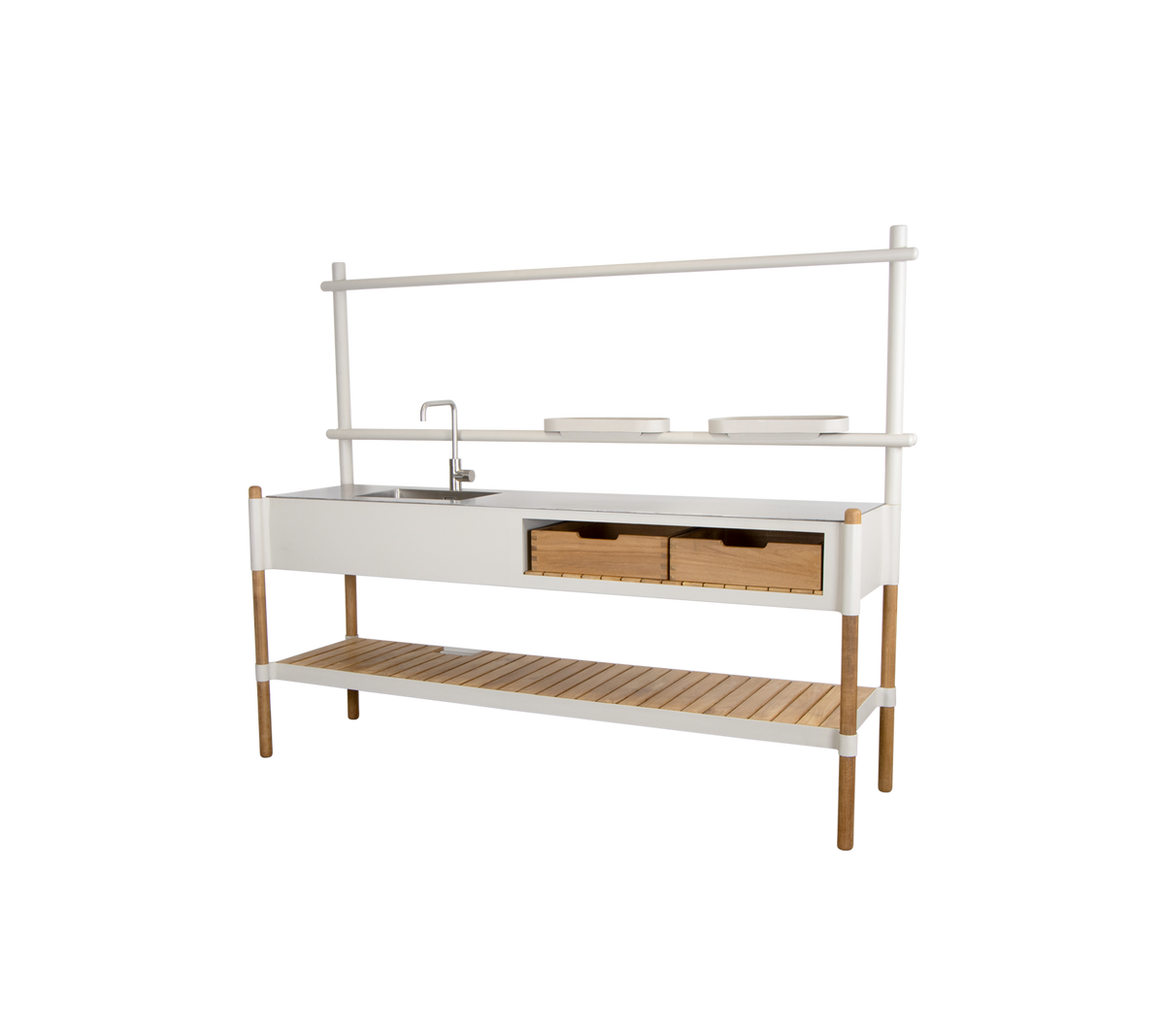 Stijlvolle keukeneenheid met een spoelbak, twee lades en een open plank voor opslag, aangevuld met een modern design.