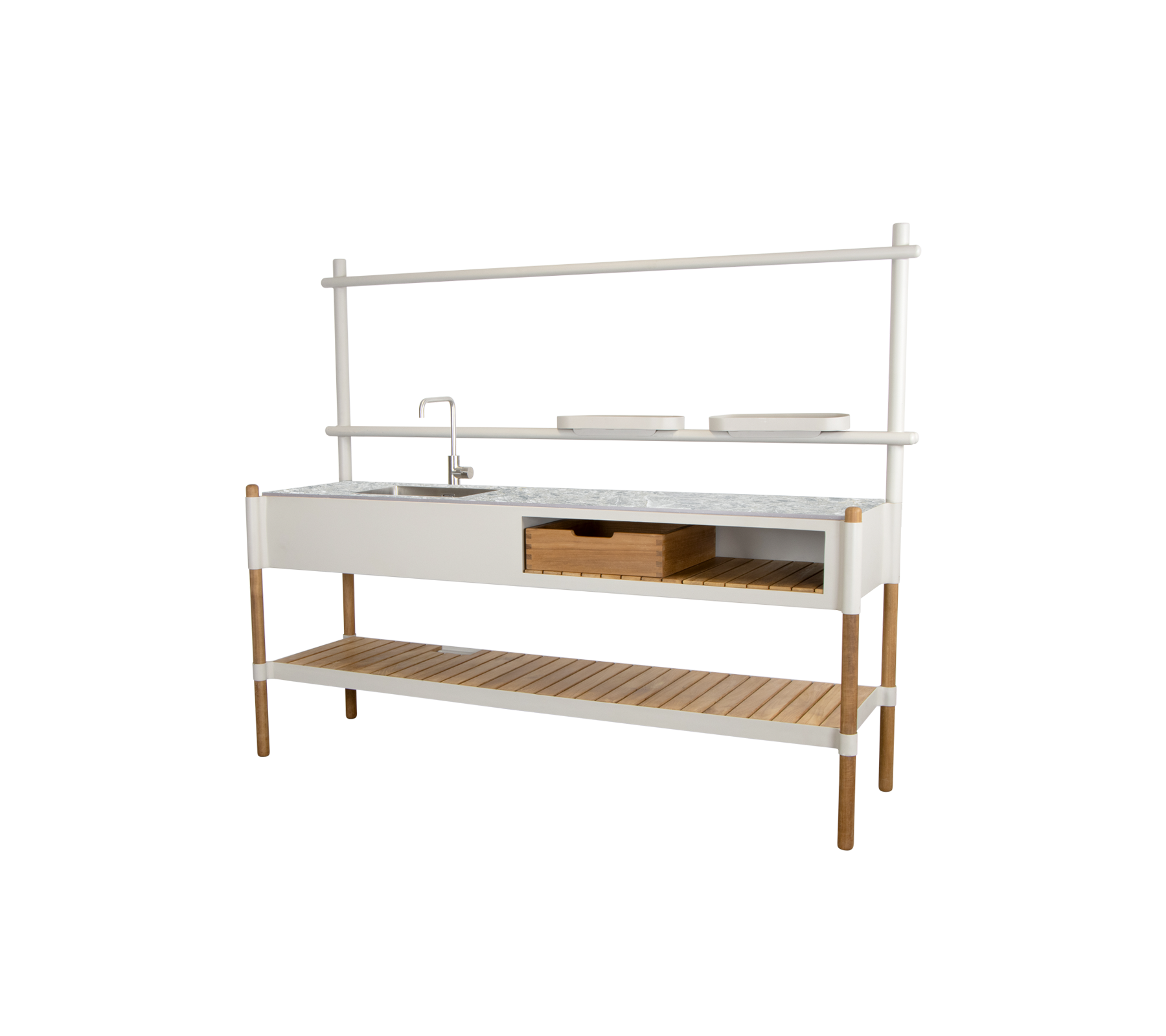 Moderne keukeneenheid met een marmeren blad, opbergladen en een open plank ondersteund door houten poten.