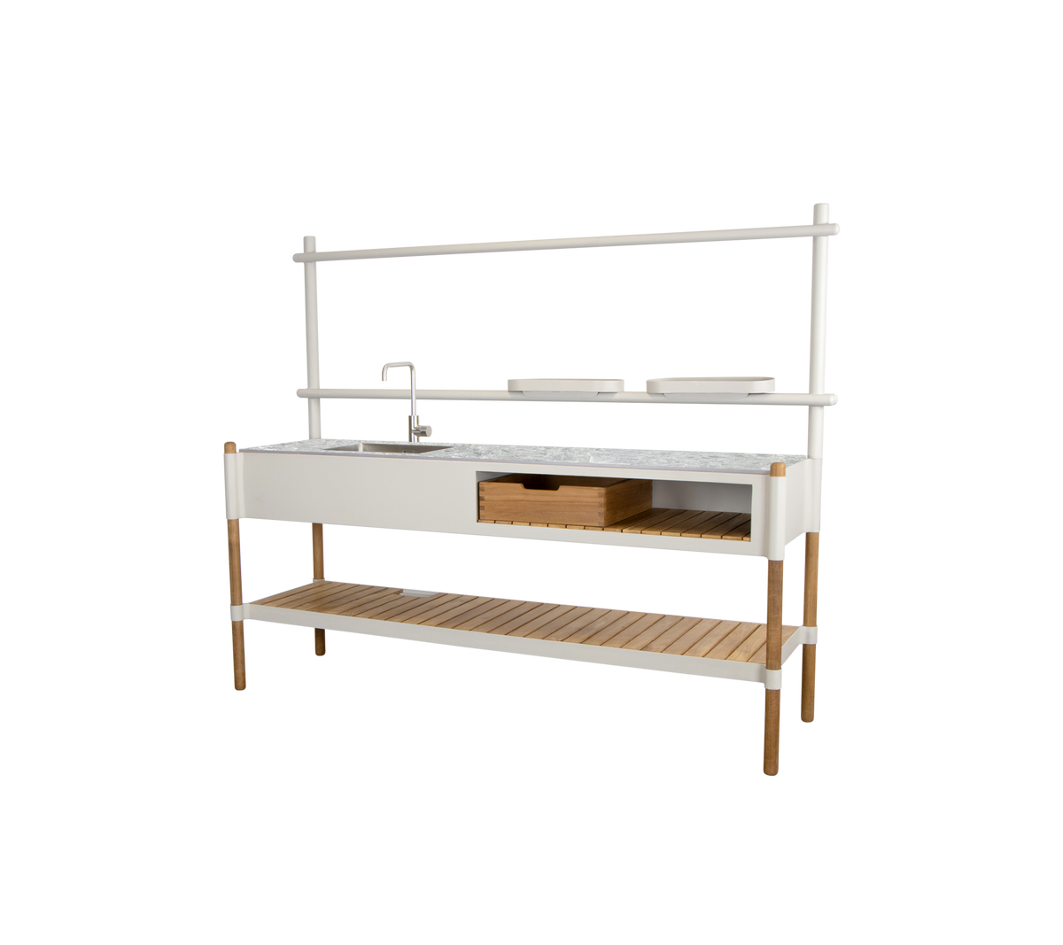 Moderne keukeneenheid met een marmeren blad, opbergladen en een open plank ondersteund door houten poten.